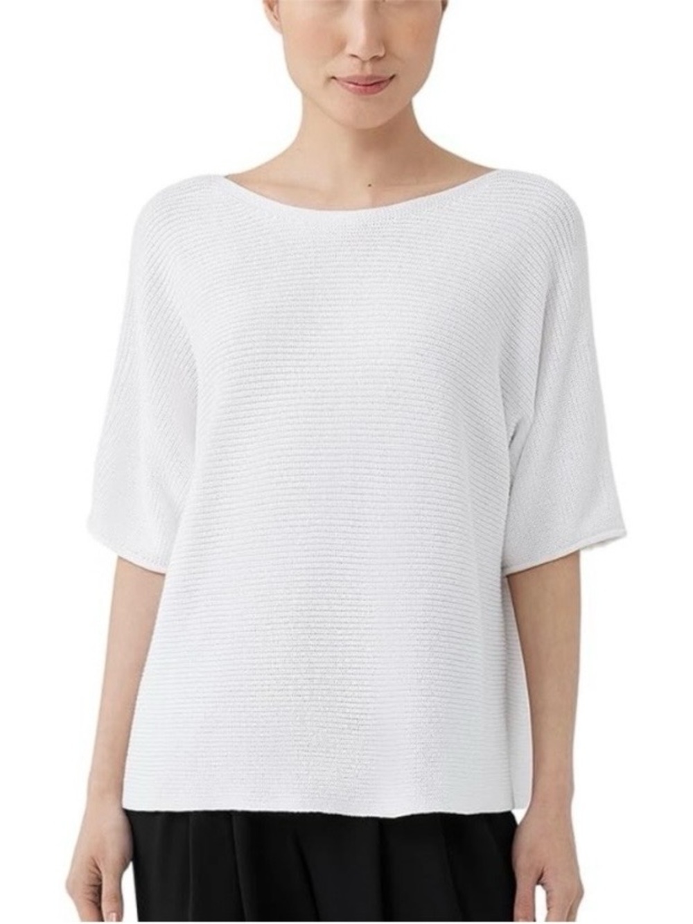 NWT• Eileen Fisher White Organic Linen Knit Bateau Neck Boxy Sweater Top Medium